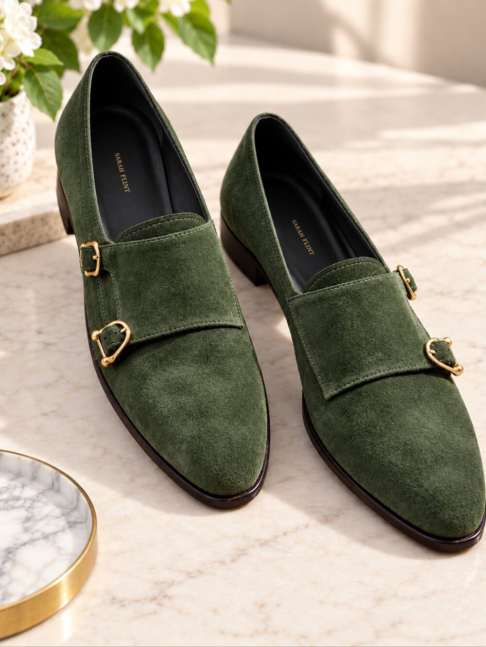 SARAH FLINT Ilene x Gravati Olive Green Suede Monk Strap Loafer Shoes 37.5 7.5